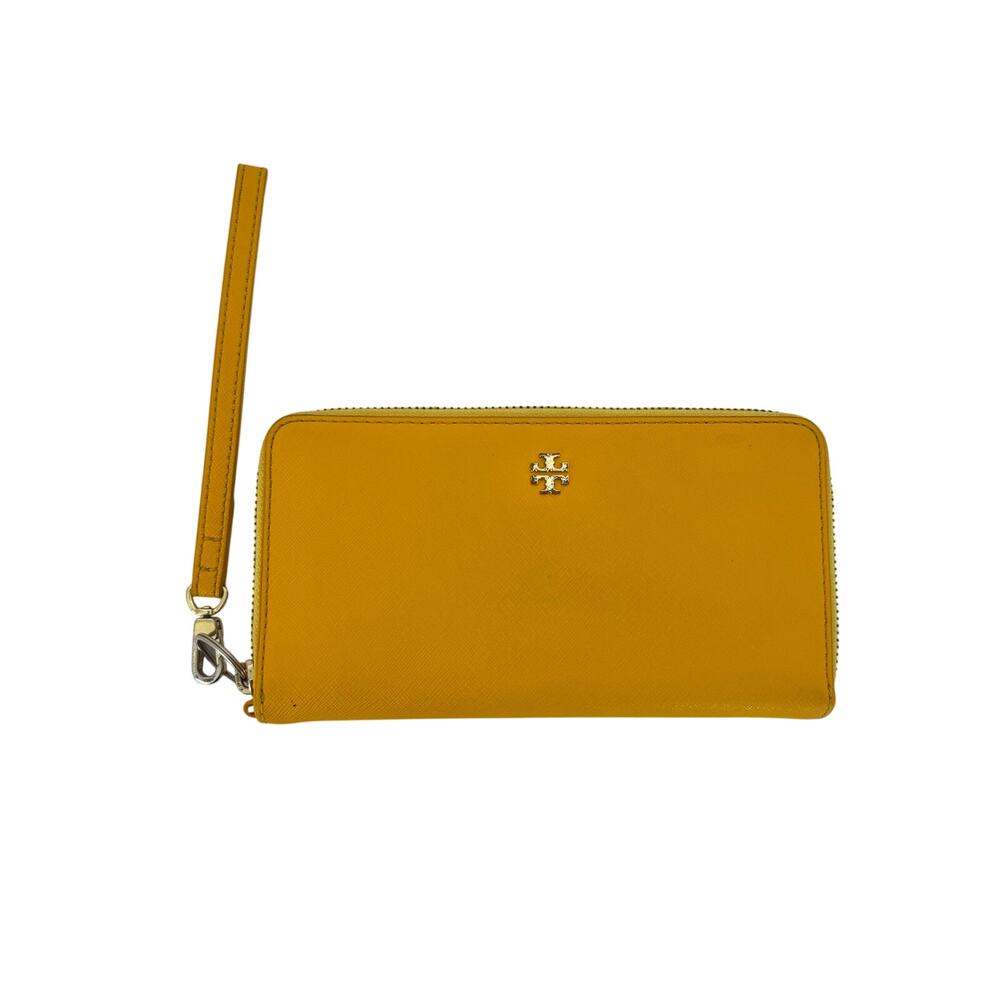 Tory Burch Emerson Zip Continental Wallet Wristlet Strap Saffiano Leather Yellow